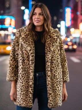 Leopard Faux Fur Coat XS Cheetah Print Jacket Glam Statement Soft Boutique